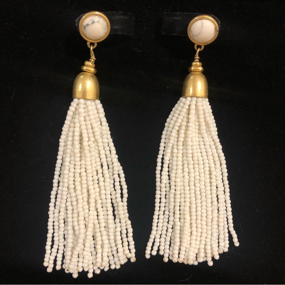 Stella & Dot White Beaded Tassel Drop Earrings with Gold Caps